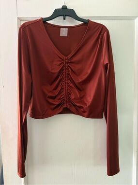 Ruching Front V-Neck Long Sleeve Crop Top in Rust